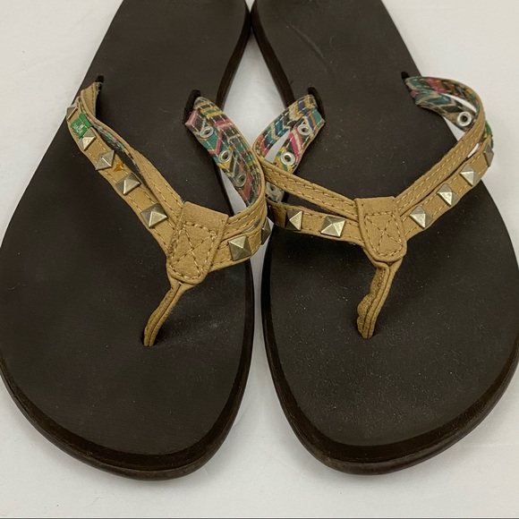 Sanuk Tan Studded Flip Flop Sandals - Picture 2 of 8